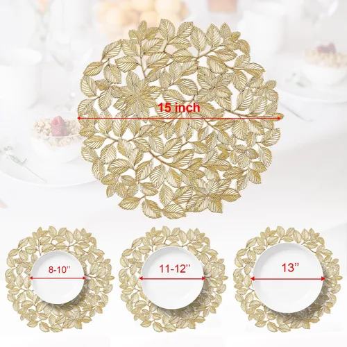 Miniatura 8 de Evevda Manteles Individuales de Hoja Metálica Dorada Calados Redondos de Vinilo Juego de 8 para Fiestas de Vacaciones Aniversario Navidad