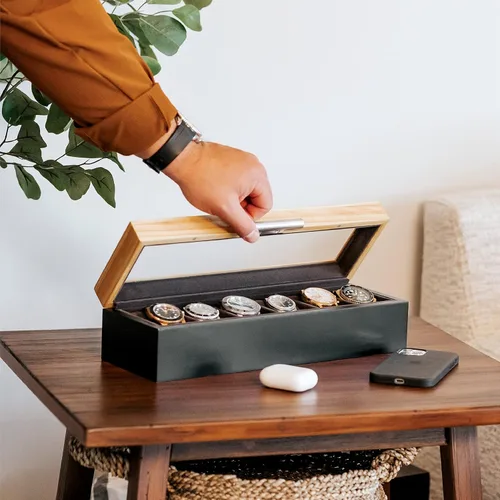 Miniatura 7 de CASE ELEGANCE Pino de dos tonos y base negra con mango de aluminio moderno caja de reloj de 6 ranuras con vidrio real