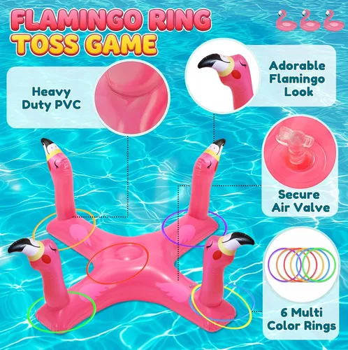 Miniatura 5 de Uniqhia Anillo inflable para piscina con 6 anillos, juego de piscina flotante de tiburón y flamenco con 6 anillos, juegos de piscina para niños