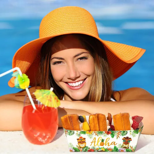 Miniatura 5 de Blulu Paquete de 50 bandejas de papel desechables para decoración de fiestas hawaianas, bandeja para nachos Aloha Nacho, soporte para alimentos