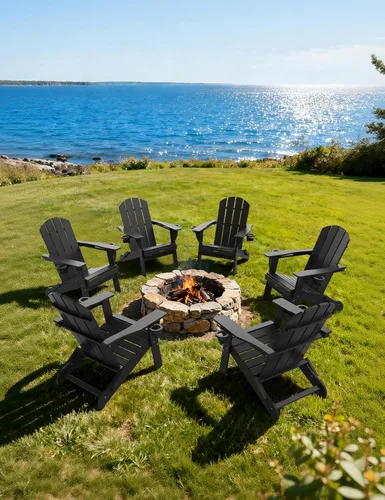 Miniatura 2 de Silla Adirondack Plegable, Sillas Adirondack de Plástico con Textura de Madera con 2 Portavasos, Silla para Hoguera de HDPE Resistente a