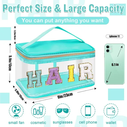 Miniatura 2 de izuzta Bolsas de maquillaje transparentes con letras de chenilla, bolsa de maquillaje de parche preppy con asa