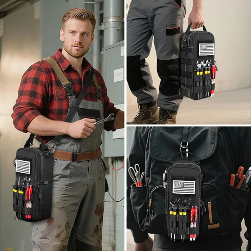 Miniatura 5 de Bolsas de herramientas pequeñas resistentes para hombres con mosquetón, bolsa táctica para herramientas, organizador de almacenamiento de Negro