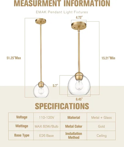 Miniatura 5 de Emak Luces colgantes modernas de globo de 7 pulgadas, lámparas colgantes industriales doradas, luces colgantes de 1 luz con pantalla de vidrio Oro