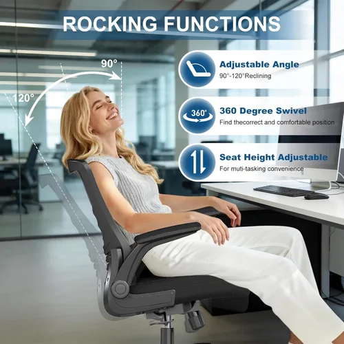 Miniatura 6 de Silla de oficina ergonómica, silla de escritorio de malla con altura ajustable y reposabrazos abatibles, cómoda silla de computadora para largas