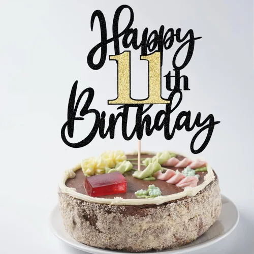 Miniatura 6 de Decoración para tartas de cumpleaños número 11 con purpurina negra y dorada, decoración de pastel de cumpleaños de 11 años y fabuloso cumpleaños