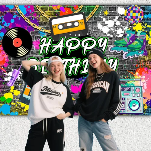 Miniatura 8 de Fondo de hip hop de 10 x 8 pies, retro de los años 80 y 90, accesorios para fotos de cumpleaños de los años 80 y 90, decoración de fondo de pared