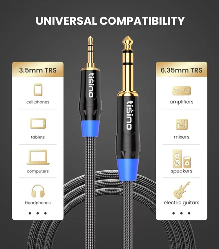 Miniatura 3 de Tisino Cable estéreo de 1/8 a 1/4 de 3 pies, adaptador de 0.138 in a 1/4, cable auxiliar de audio estéreo para guitarra, piano de teclado, laptop