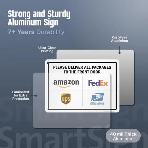 Miniatura 5 de SmartSign 10 x 14 pulgadas “Por favor entregue todos los paquetes en la puerta delantera” señal de metal con logotipos, aluminio laminado resistente
