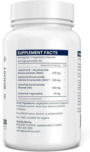 Miniatura 3 de RENUE by SCIENCE NAD+ Complete 120 cápsulas de suplemento de NAD liposomal con NMN, NR y trigonelina, 210 mg de NMN y 160 mg de NAD por porción