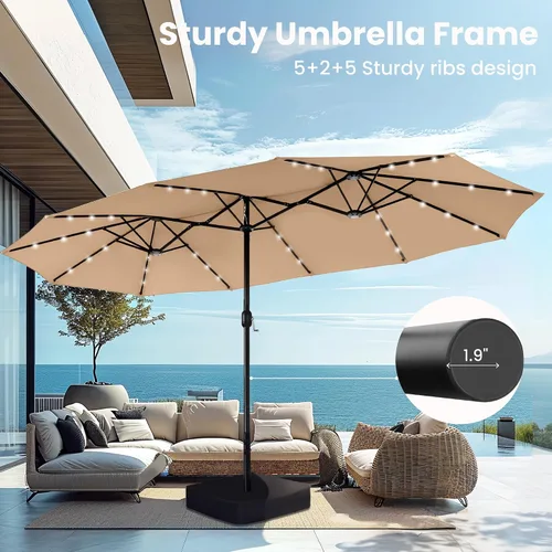 Miniatura 7 de PHI VILLA Sombrilla de patio grande de 15 pies con base y luces solares, paraguas rectangular de doble cara para exteriores con 36 luces LED, Beige