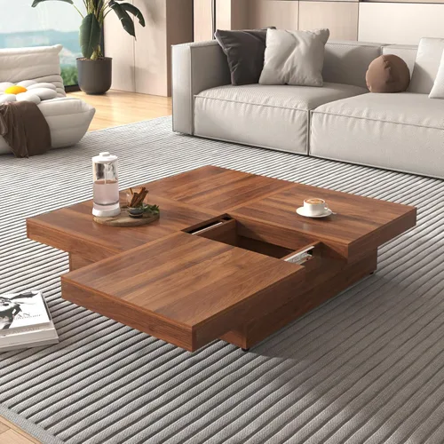 Miniatura 10 de Mesa de centro moderna con almacenamiento, mesa de cóctel de madera con superficie UV de alto brillo, mesas de centro rectangulares de 2 niveles