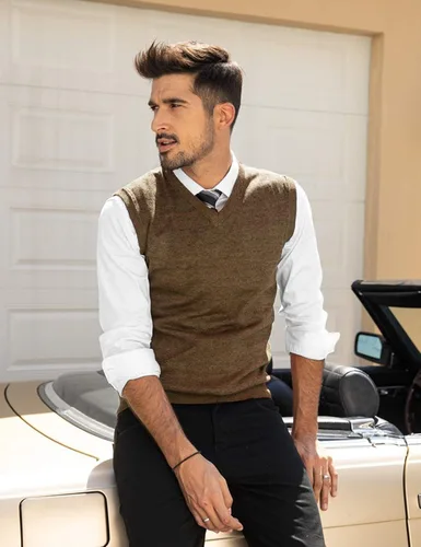 Miniatura 3 de COOFANDY Chaleco de suéter casual ligero con cuello en V para hombre Vino