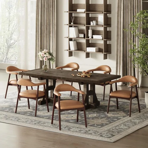 Miniatura 13 de MALOL Juego de 2 sillas de comedor de cuero con reposabrazos, silla de comedor tapizada con respaldo curvado y patas de madera, sillas de cocina