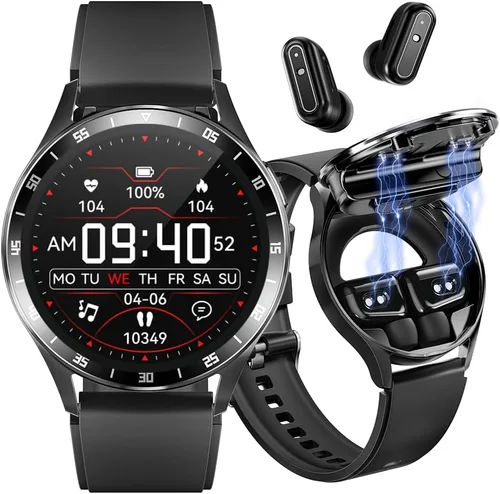 Reloj inteligente con auriculares, 10 reloj de fitness redondo de 1.32 pulgadas, reloj Bluetooth 2 en 1 con paso, calorías, monitor de sueño,