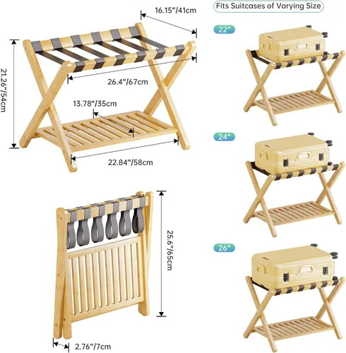Miniatura 4 de SMIBUY Portaequipajes, soporte plegable de bambú para maleta con estante de almacenamiento para habitación de invitados, dormitorio, hotel, Natural