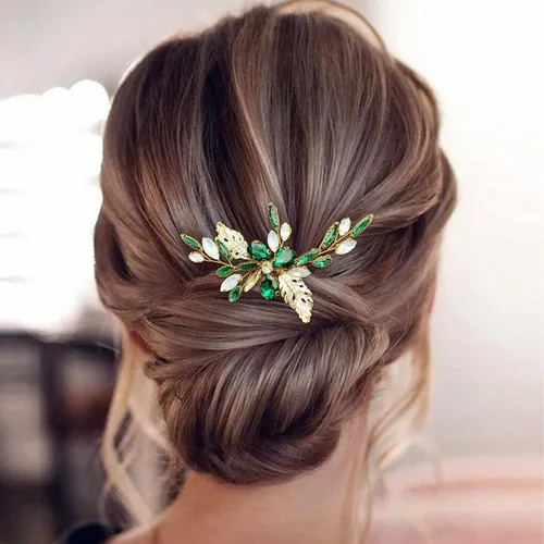 Miniatura 2 de Peine lateral verde nupcial con hojas de cristal para boda, accesorios pequeños para mujeres y niñas, fiesta (verde esmeralda)