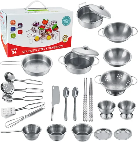 Miniatura 8 de Juego de juguetes de cocina de tamaño mini para niños, accesorios con utensilios de cocina de acero inoxidable, juego de ollas y sartenes de acero