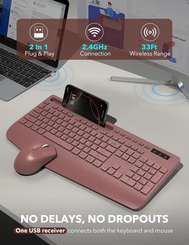 Miniatura 4 de Combo de teclado y ratón inalámbrico - Teclado ergonómico de tamaño completo con reposa muñecas, soporte para teléfono, modo de suspensión, combo