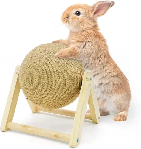 Miniatura 8 de Fhiny Juguete para rascar conejo, rascador interactivo de sisal natural para gatitos de interior, lindo poste rascador de uñas de conejo