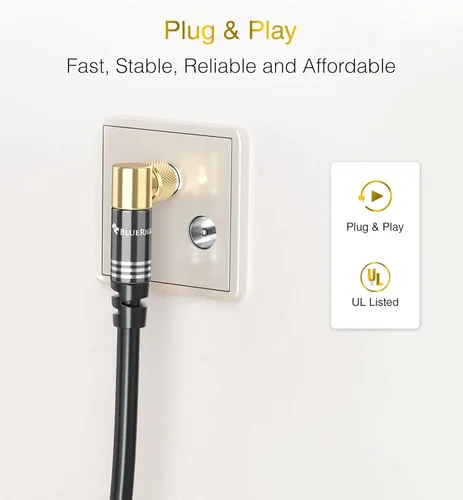 Miniatura 8 de Cable coaxial BlueRigger RG6 (1.5 pies, conector de 90° a conector de 90° con pin, chapado en oro, triple blindaje) – Cable coaxial de audio y video