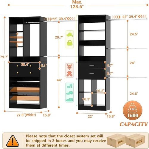 Miniatura 3 de Besiost - Sistema de armario, organizador de armario de hasta 128.6"/10.7 pies con 4 cajones y estantes de madera, sistema de armario a medida con 6