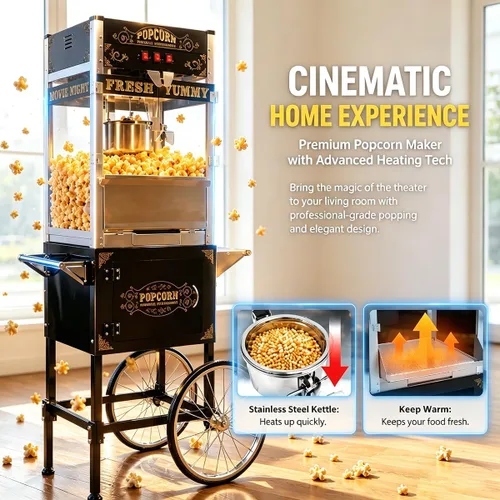 Miniatura 6 de 20 OZ Commercial Popcorn Machine with Cart - Stainless Steel Kettle Popper with Wheels, Warming Deck & Tempered Glass, for Business, School
