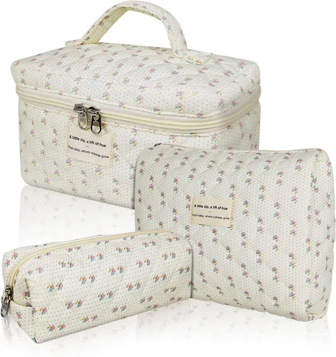 Miniatura 32 de Set de bolsas de maquillaje, bolsa de maquillaje acolchada, bolsa de cosméticos floral grande para mujeres, lindas bolsas de maquillaje de algodón