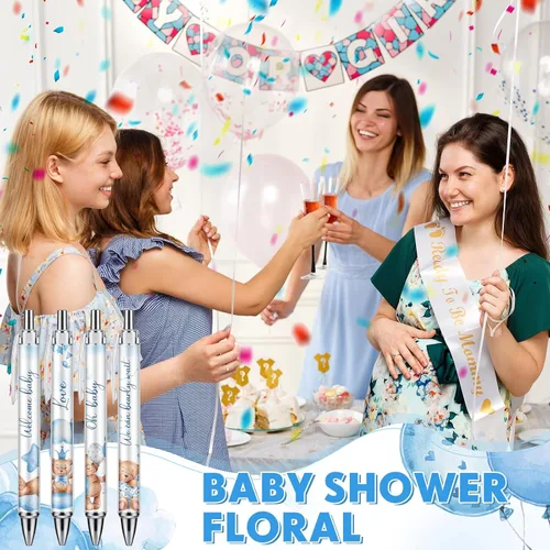 Miniatura 6 de Chuangdi 24 piezas de bolígrafos de bola retráctiles para niños, osos bebés, bolígrafos de bola de color negro para fiesta de baby shower
