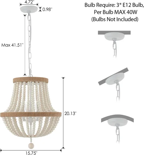 Miniatura 5 de Lámpara de araña bohemia de 3 luces de granja, luz colgante de cuentas de madera, lámpara colgante rústica antigua para cocina, isla, pasillo, Blanco