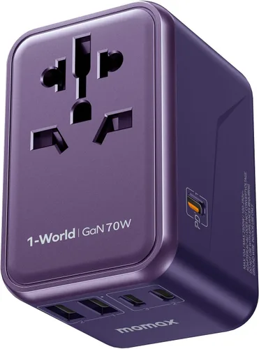 MOMAX Adaptador de viaje universal 6 en 1, adaptador de corriente internacional GaN 70W, 3 cargas rápidas USB-C PD y 2 USB-A QC, 1 AC, adaptador de