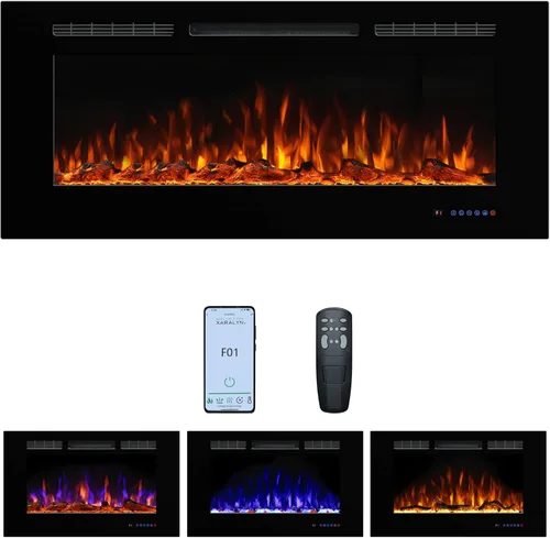 Chimenea eléctrica de 45 pulgadas, insertos de chimenea para montar en la pared y empotrar, llama multicolor con 5 atenuadores, termostato de