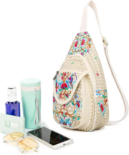 Miniatura 6 de SILKAREA Bolso bandolera pequeño floral vintage para mujer, bolso de mano, bolso de hombro, mochila bordada de viaje (beige rojo)