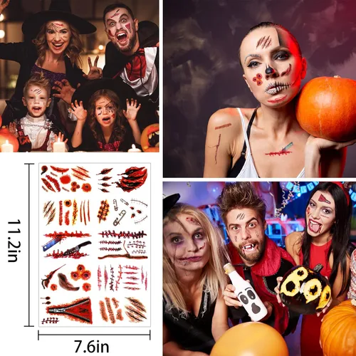 Miniatura 6 de Decoraciones de Halloween para ventana, 9 hojas, 90 unidades, calcomanías de huellas de manos sangrientas con 10 calcomanías de tatuaje, calcomanías