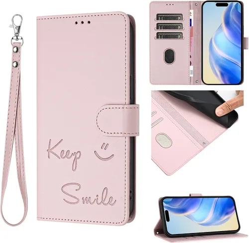 Miniatura 12 de Flip Wallet Case for Motorola Moto E32 4G (Int'l), Keep Smile Embossed Leather Cover with Card Slots, RFID Blocking, Kickstand, Wrist Strap Black.