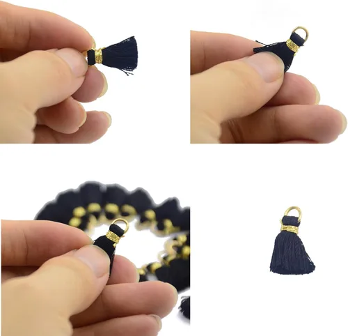 Miniatura 2 de 50 piezas de 0.8 pulgadas (0.8 in) mini borla suave hecha a mano de hilo sedoso con anillo de salto dorado dorado para mujer, aretes para hacer