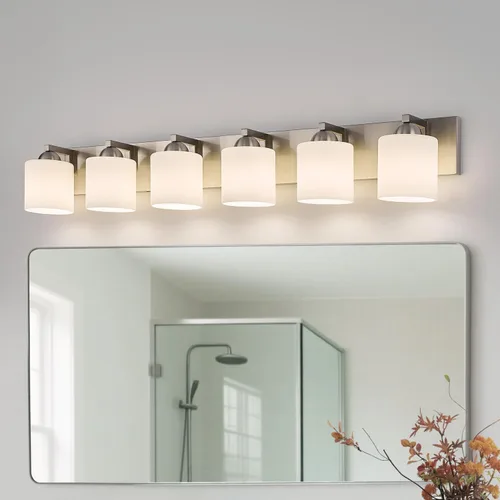 Miniatura 19 de mirrea Lámpara de tocador negra de 1 luz para espejo, aplique de pared de baño con pantallas de vidrio blanco esmerilado