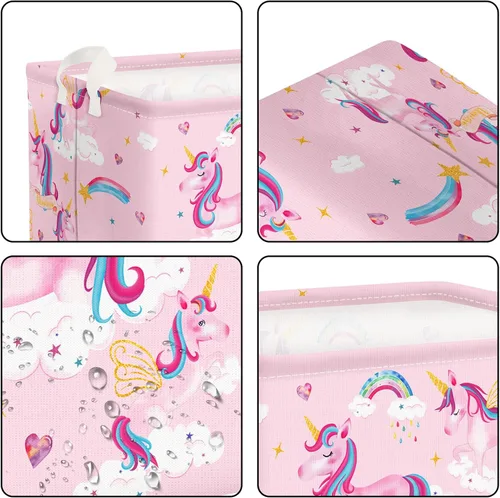 Miniatura 5 de Clastyle Adorable cesta de estante de unicornios rosados para niños, diseño de nube, corazón, arco iris, cesta de regalo rectangular para ropa