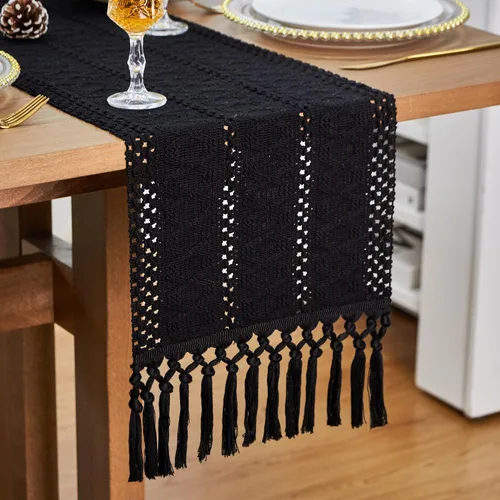 Miniatura 4 de FEXIA Camino de Mesa Negro con Borlas de 72 Pulgadas Macramé Boho Estilo Granja Camino de Mesa para Decoración de Dormitorio y Comedor