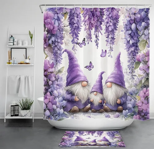 Miniatura 35 de LB Cortina de ducha de hortensias azules para baño, cortina de ducha rústica de girasol amarillo botánico y lavanda púrpura con ganchos, cortina