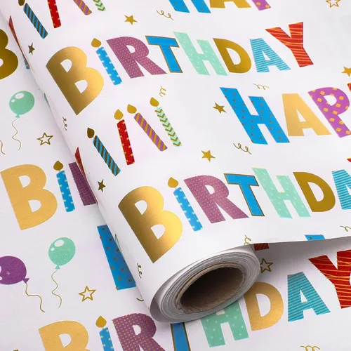 Miniatura 8 de woric Papel de regalo reversible de cumpleaños para niños y niñas, 17 pulgadas x 36 pies, papel de regalo con letras de feliz cumpleaños para azul
