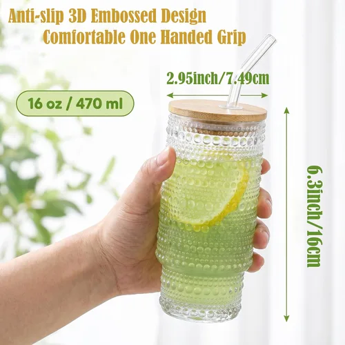 Miniatura 5 de Juego de taza de café de vidrio de 16 onzas con tapas y pajita Vintage Begonia, Dishwasher Safe, Natural Bamboo Lid, Car Hold Friendly, Non-slip