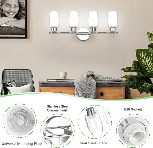 Miniatura 3 de Aipsun Lámpara de baño con 4 luces, luces cromadas arriba y abajo, modernas luces de bahthroom con vidrio transparente y vidrio esmerilado, luces