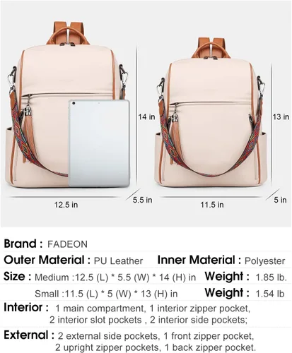Miniatura 2 de FADEON Mochila de cuero para mujer, diseño de mujer, bolsa de hombro de moda, mochila de viaje convertible de PU, E Beige Con Marrón, Medium