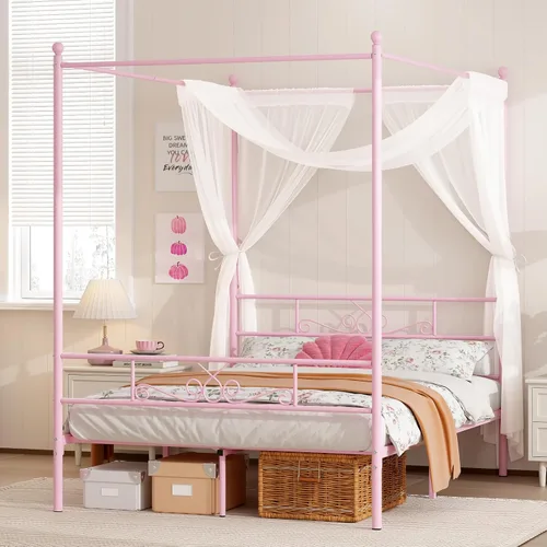 Miniatura 9 de Weehom Marco de cama con dosel, tamaño matrimonial, marco de cama con cabecera y estribo, base de colchón de 4 pósters, no necesita somier