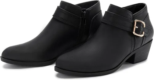Miniatura 5 de Athlefit Botines gruesos de tacón bajo para mujer, botines clásicos con punta puntiaguda y cremallera lateral