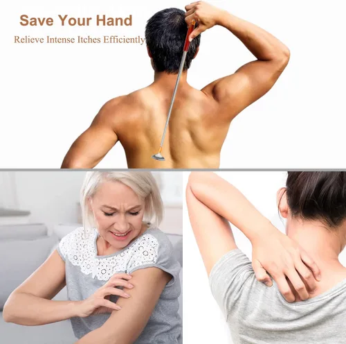 Miniatura 5 de Rascador de espalda para mujeres, hombres y adultos, extensible con bola de rodillo, mango de madera maciza y garra de acero inoxidable 304 Rojo