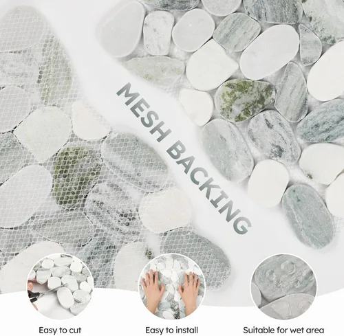 Miniatura 5 de Diflart Azulejo de piedra natural para suelo de ducha, ovalado verde esmeralda, 4 hojas, mosaico de guijarros en rodajas para cocina, baño, suelo
