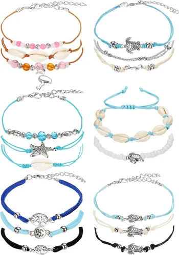 17 piezas Tobilleras ajustables Boho tortuga estrella de mar concha flamenco playa tobillo pulseras joyería pie pie para mujer