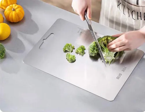 Miniatura 3 de Tabla de cortar de acero inoxidable SUS 304 (14.2 x 9.8 pulgadas y 11.24 x 7.87 pulgadas) para cocina, tabla de cortar SUS 304 para carne, frutas